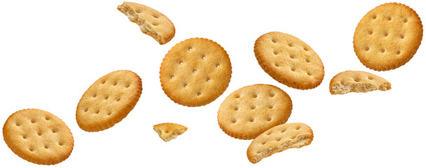 Falling round cheese crackers isolated on white background