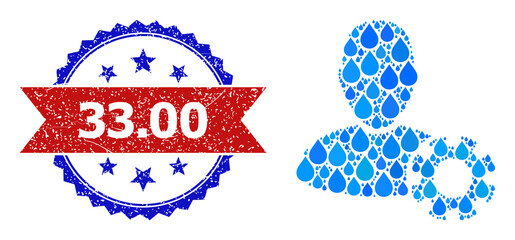 Vector mosaic user settings, and bicolor dirty 33.00 stamp. User settings mosaic for clean beverage ads. User settings is composed with blue drinking water raindrops. Red seal has 33.