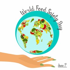 World food safety day on June 7 banner, poster or card vector clipart design. The concept of healthy eating and food, healthy lifestyle. Fresh natural products, vegetables and fruits, dairy products. 