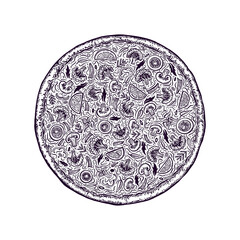 Pizza hand drawn template. Italian food menu design template. Hand drawn pizzeria menu template. Vector illustration. Label for the menu.