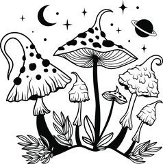 Mystical mushrooms. Vector mushrooms. Full moon, sun, stars, grass, eyes. Black silhouette of mushrooms. Tarro cards. Mystical print.