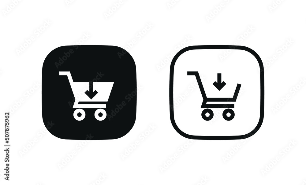 Poster add to shopping cart icon, shop basket symbol with arrow down