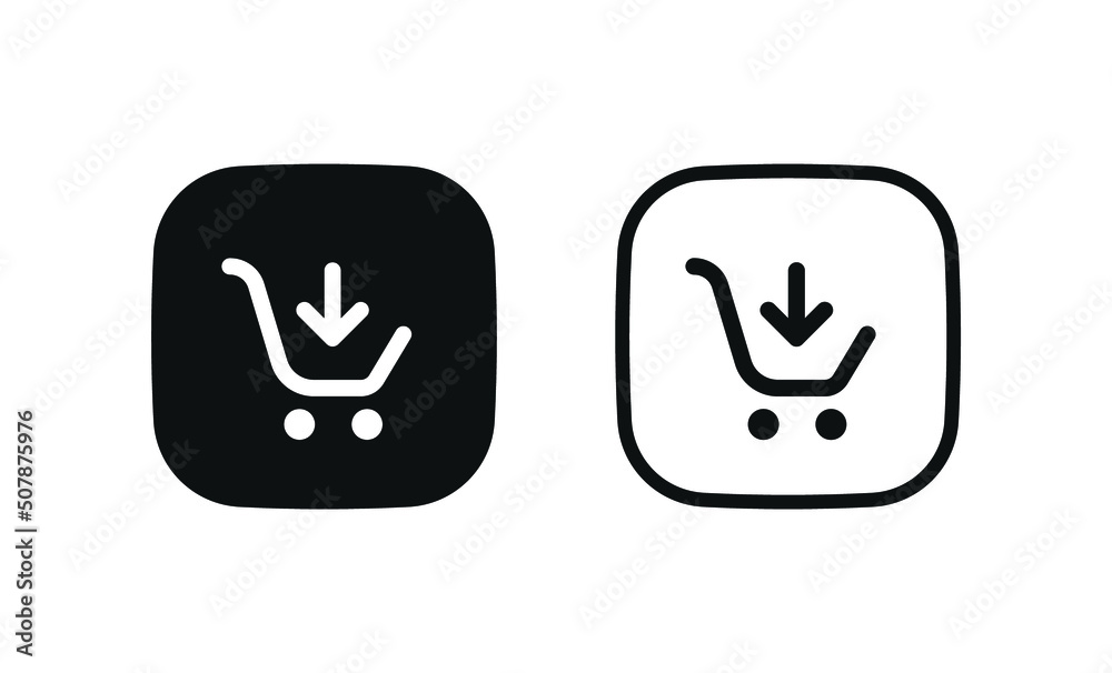 Poster add to shopping cart icon, shop basket symbol with arrow down