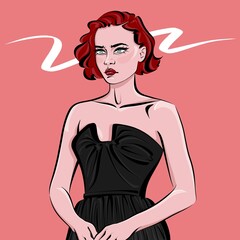 Attractive woman in a black dress with pale skin, short red hair, blue eyes and bright makeup. Fashion illustration for magazine cover or wallpaper.