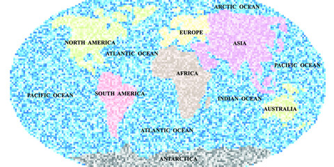 Pixel art of map of worldwith different colors of each continent - North America, South America, Europe, Africa, Asia, Australia and Antarctica. Vector illustration. © sorawat