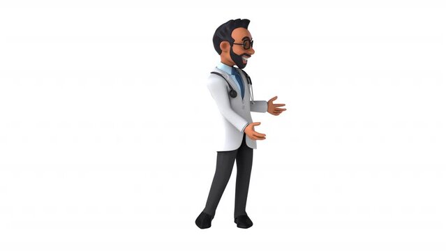 Fun 3D cartoon animation of an indian doctor with alpha .