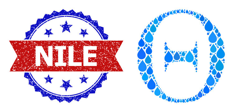 Vector mosaic Tetta Greek letter, and bicolor scratched Nile seal stamp. Tetta Greek letter mosaic for pure beverage advertisement. Tetta Greek letter is designed from blue pure liquid raindrops.