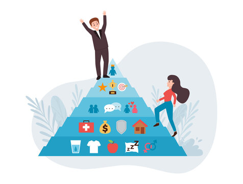 Man and woman climbing the Maslow pyramid, flat vector illustration isolated on white background.