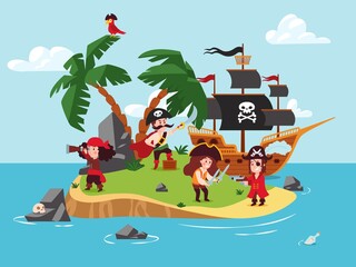 Obraz na płótnie Canvas Pirates treasure island background with cute children, flat vector illustration.