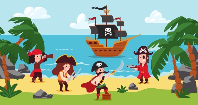 Marine treasure island landscape with kids pirate party, vector illustration.