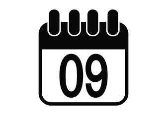Day 9. Simple day 9 calendar icon in black and white.