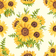 Beautiful seamless pattern with sunflowers on white background.