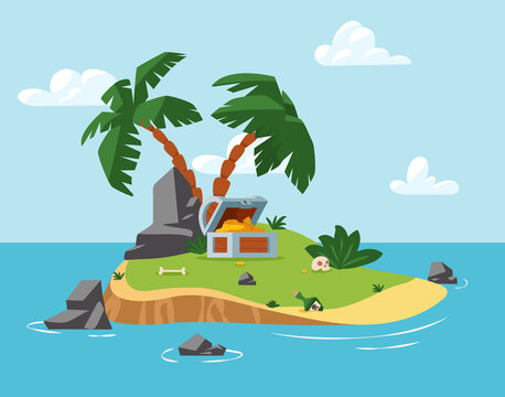 Pirate treasure island in the sea, ocean, vector flat illustration.