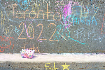 Chalk drawings in Nathan Phillips Square, Toronto, Canada