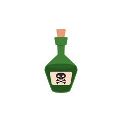 Pirate glass bottle of rum or poisonous drink, flat vector illustration isolated on white background.