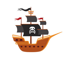 Pirate ship with black sails and crossbone, cartoon flat vector illustration isolated on white background.