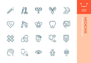 Set of 20 fully scalable vector line icons containing medical symbols