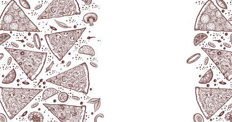 Pizza and ingredients. Hand drawn pizzeria menu template. Set of Italian cuisine products. Pieces of pizza. Vector illustration