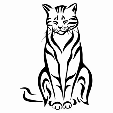 illustration of a sitting stripes cat. Sleeping cat linear drawing. Cat silhouette drawing by hand. Vector image.