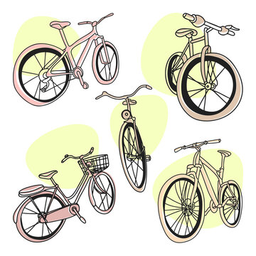 Set of doodle style bikes in different angles