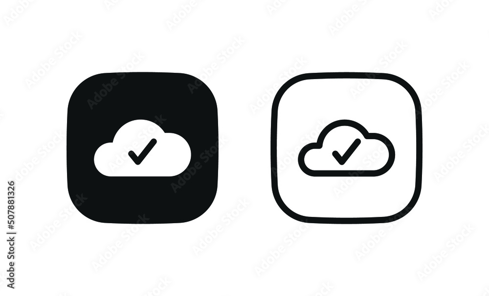 Poster cloud check complete icon . clouds with check mark tick icons software update process completed. line outline filled icons