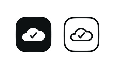 cloud check complete icon . clouds with check mark tick icons software update process completed. line outline filled icons