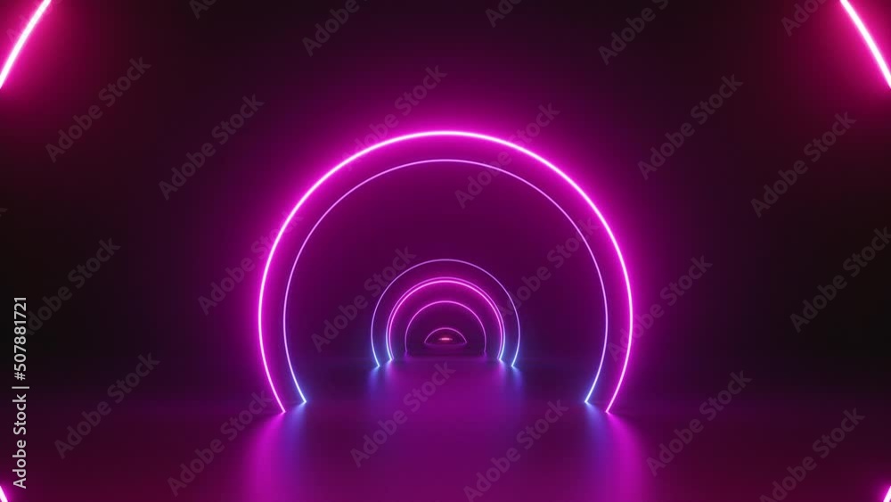 Poster looping 3d animation, moving forward the endless podium with glowing rings. abstract neon background