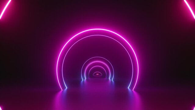 looping 3d animation, moving forward the endless podium with glowing rings. Abstract neon background