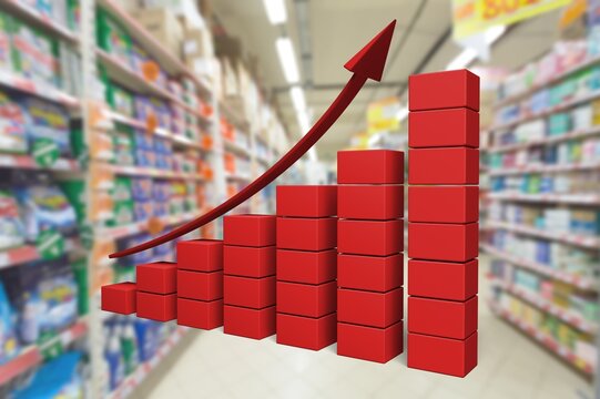 Red growing up large arrow on abstract blur supermarket background. Bar charts and graphs. Rising food prices.