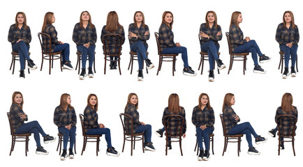 large group of same woman sitting on chair on white background