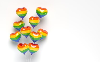 Pride LGBT 3d glossy heart balloons. Lesbian gay bisexual transgender concept love symbol. Rainbow flag, white background. 3d rendering illustration.