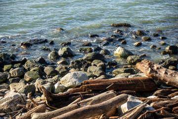 Rocky coastline of False Bay in San Juan Island, WA, refilling after low tide on a sunny day