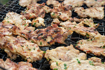 Pork neck slices cooking on a grill, side view. 