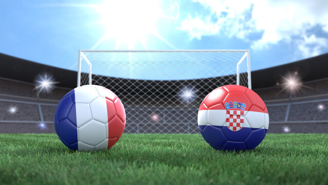 Two soccer balls in flags colors on stadium blurred background. France and Croatia. 3d image
