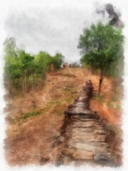 Obraz premium Ancient Ruins in Sukhothai World Heritage Site watercolor style illustration impressionist painting.