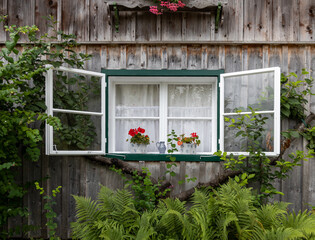 Fenster mit roten Blumen an Holzhaus in Altaussee - Salzkammergut - Steiermark - Östereich