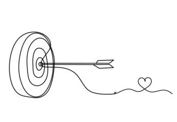 Abstract arrow on target circle with heart as continuous lines drawing on white background. Vector