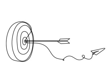 Abstract arrow on target circle with paper plane as continuous lines drawing on white background
