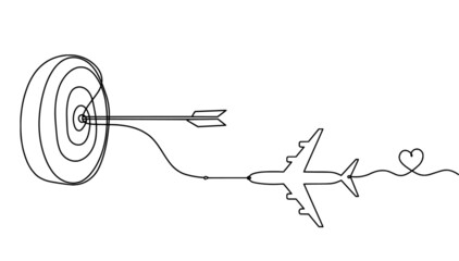 Abstract arrow on target circle with plane as continuous lines drawing on white background