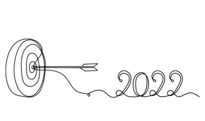 Abstract arrow on target circle with 2022 as continuous lines drawing on white background. Vector