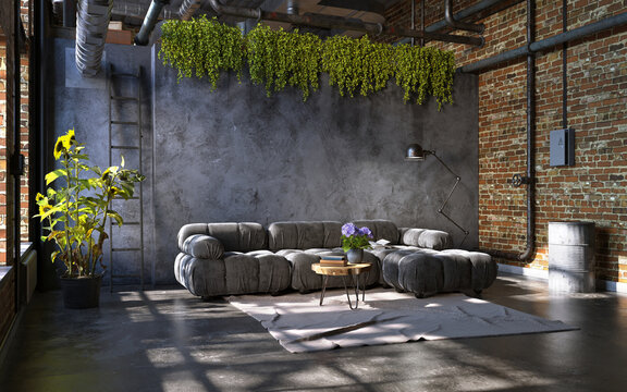 Industrial style of dark living room interior, 3d render	