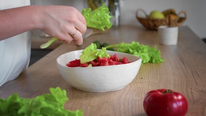 Close-up of an unrecognizable woman's hand preparing a salad. Cooking in the kitchen.