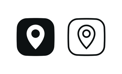 Location pin icon, map pointer marker symbol, gps map pin icon button in filled, thin line, outline and stroke style for apps and website - square button