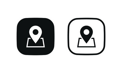 Location pin icon, map pointer marker symbol, gps map pin icon button in filled, thin line, outline and stroke style for apps and website - square button