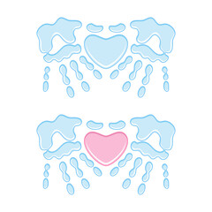 Heart symbol between palm prints, handprint, heart in hands of the water. Isolated vector objects on a white background.