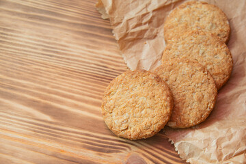 Classic cereal cookies on wooden home background bakery