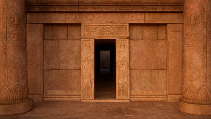 Toegang tot een oude Egyptische graftombe of tempel met aan weerszijden stenen zuilen. 3D-weergave.