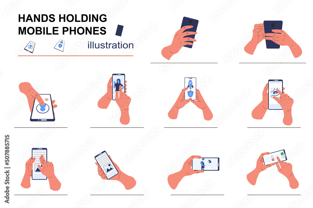 Leinwandbilder hands holding mobile phones concept with people scene set. human hands use smartphones, click on scr