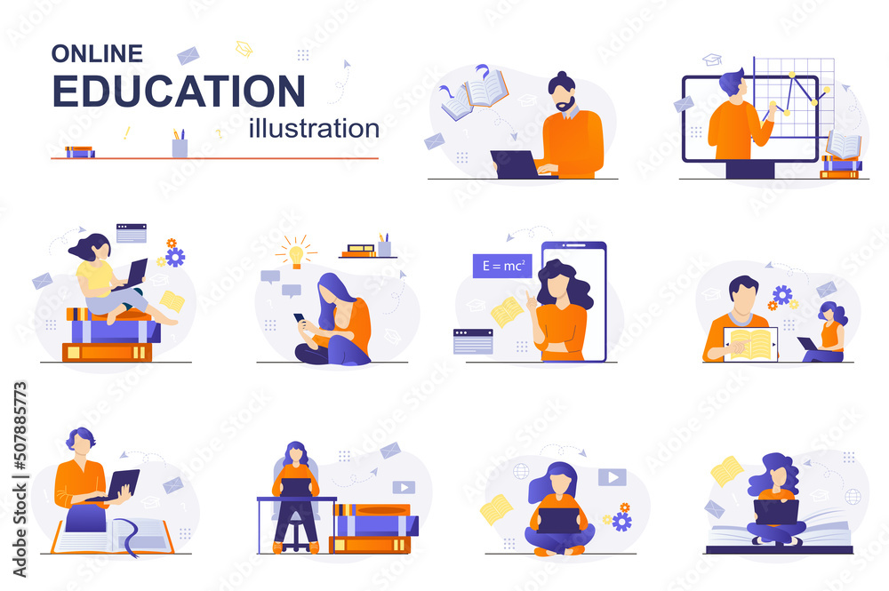 Aufkleber online education concept with people scene set. students study remotely, read books, prepare for exa