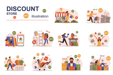 Fototapeta na wymiar Discount store concept with people scene set. Men and women shopping at bargain prices during sale season in stores and boutiques, smart online shopping. Vector illustration in flat design for web